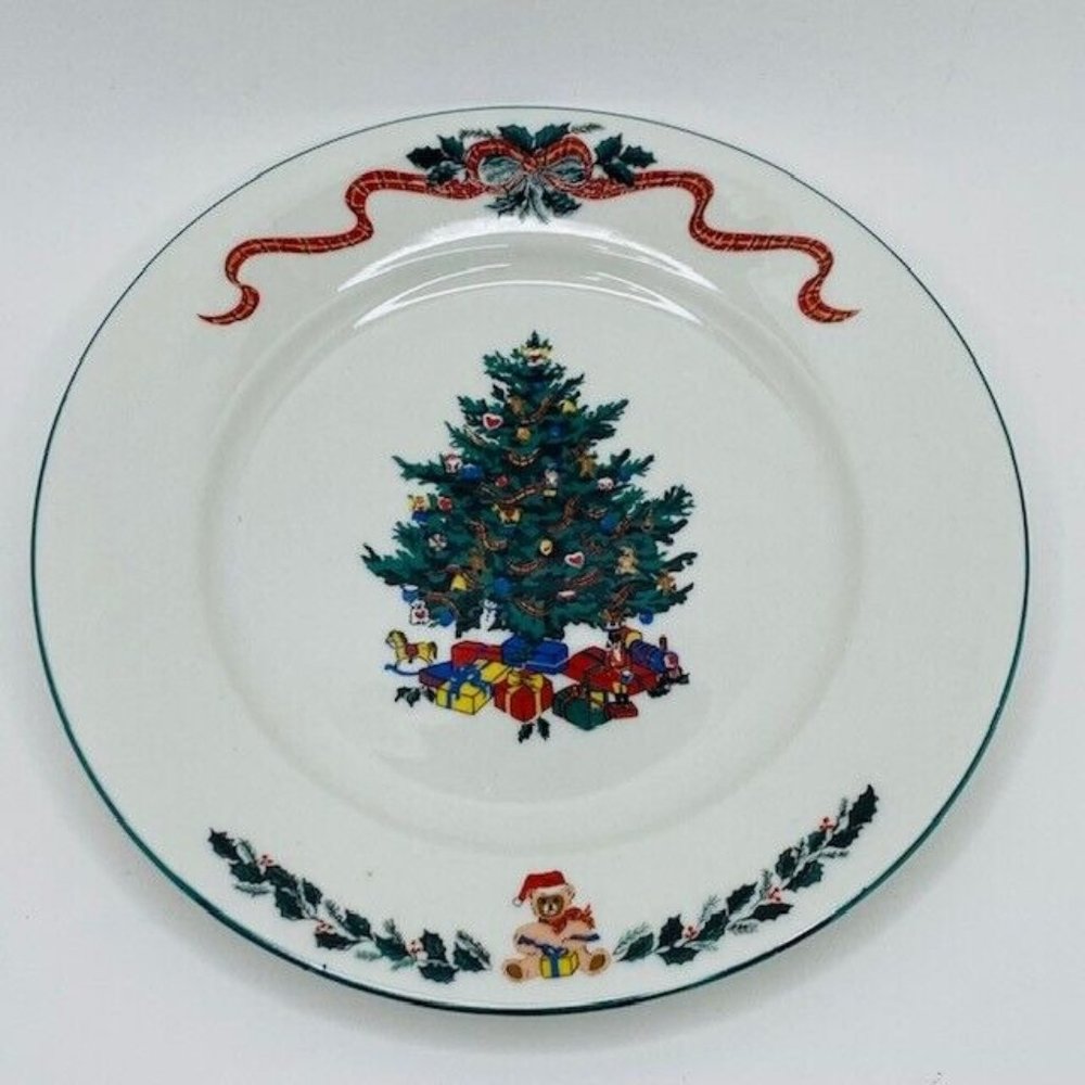 Newcor Origins Holiday Dessert Plate #126 Christmas Morning Tree Teddy Garland